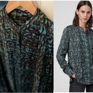 ALL SAINTS | Feather print PLUME tie neck silky blouse